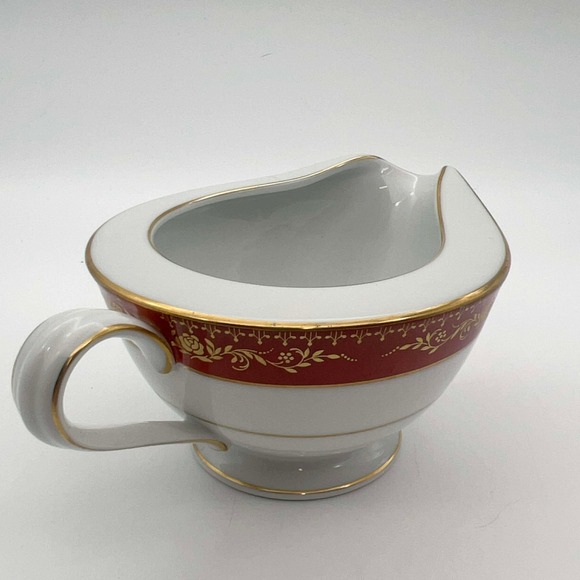 Noritake Goldhill 6613 Gravy Boat w Underplate Red Gold Trim Japan EUC